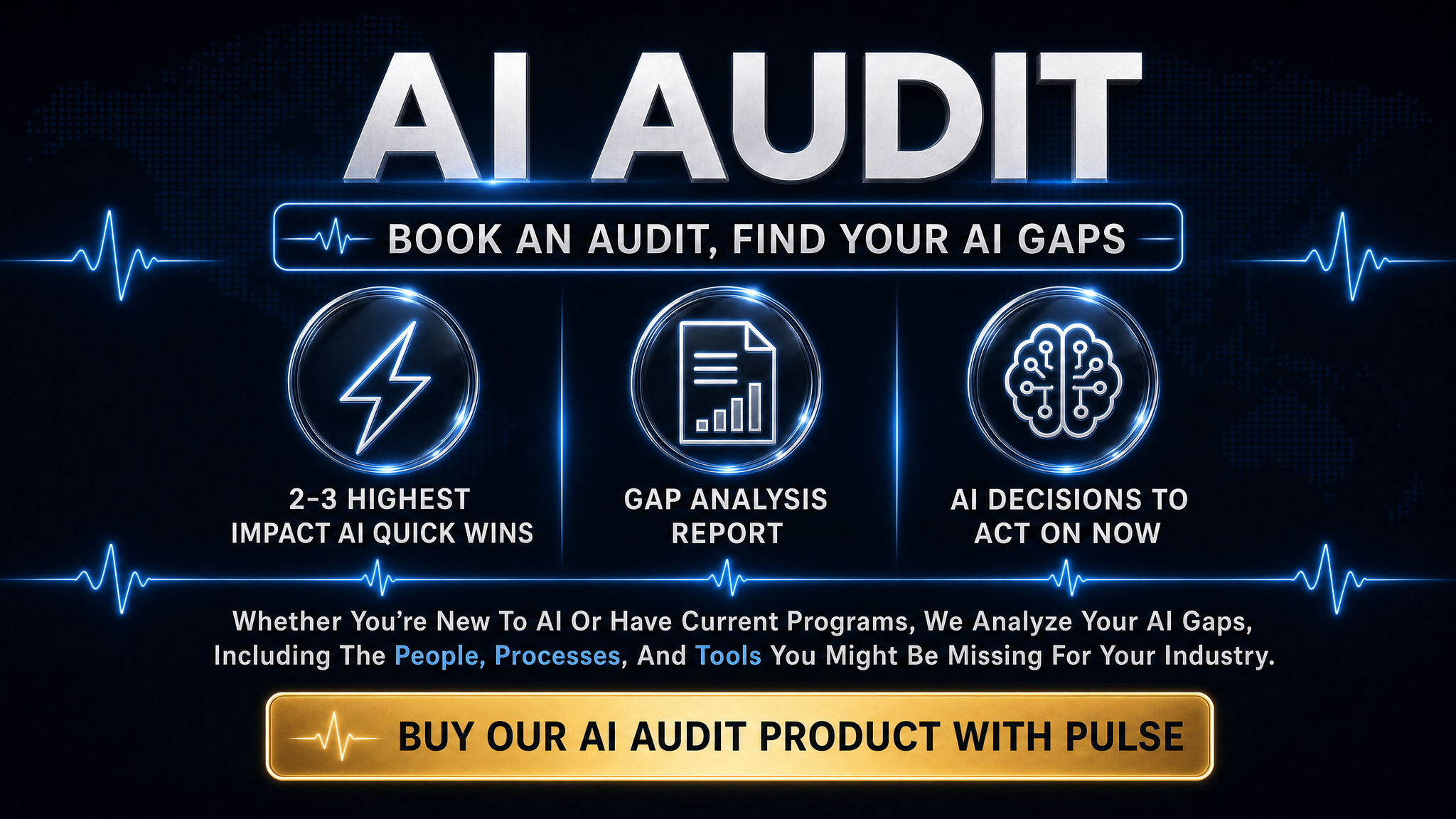 AI Audit — Close your AI gaps first, buy our AI audit. Get 2-3 highest impact quick wins, know your AI program's ROI, and AI decisions to act on now, tailored for your company.
