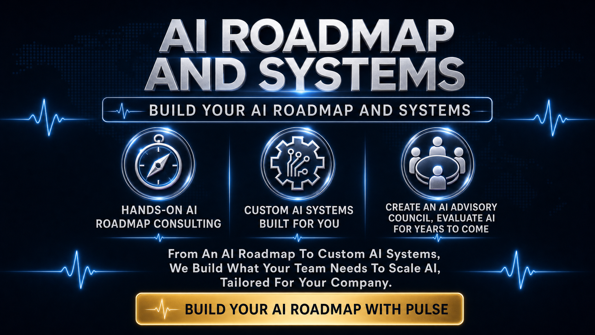 AI Roadmap and Systems — From an AI roadmap to custom AI systems, we build what your team needs to scale AI. Hands-on AI roadmap consulting, custom AI systems built for you, and create an AI advisory council to evaluate AI for years to come, tailored for your company.